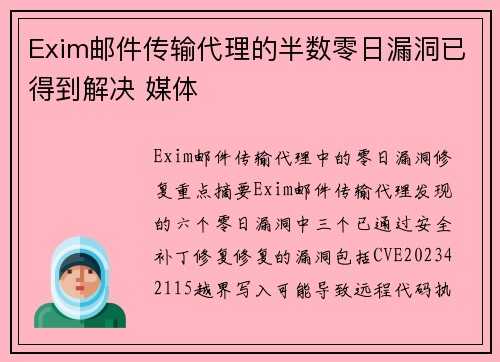 Exim邮件传输代理的半数零日漏洞已得到解决 媒体
